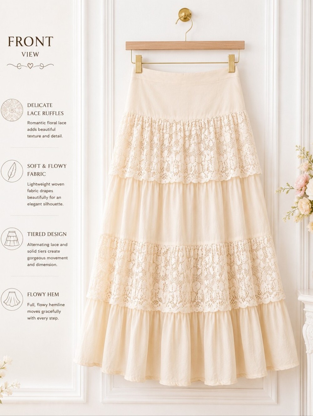 N.D.S Ivory Tiered Lace Maxi Skirt | Size XL Cotton | Romantic Boho Cottagecore - Picture 6 of 11
